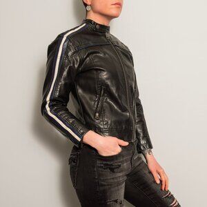 Cropped Faux Leather Biker Moto Jacket with Stripes